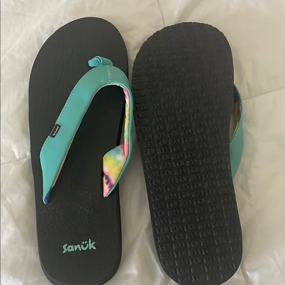 Sanuk Teal and Black Flip Flops - Picture 3 of 4